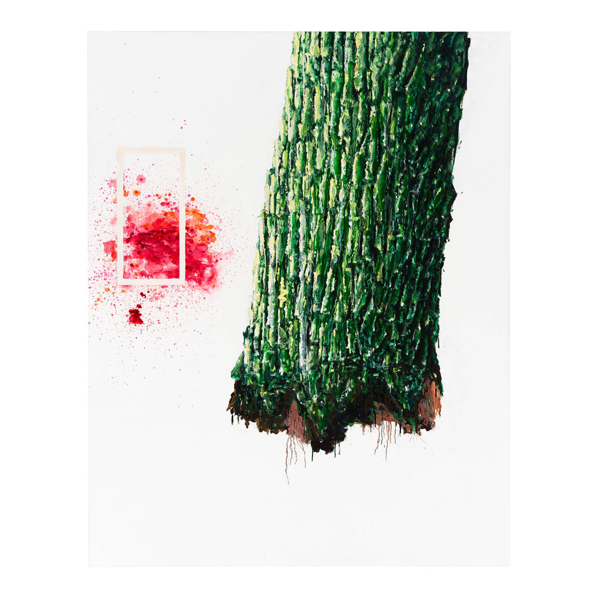 Painting by Vera Klement titled 'Greening' depicting the trunk of a tree floating on a white background next to a red paint splatter with a white rectangular frame floating over/within it
